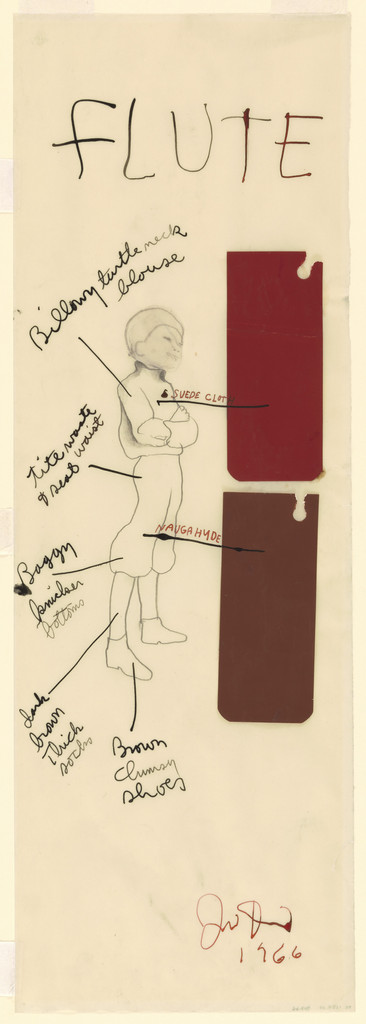Costume study for A Midsummer Night's Dream: Flute, Jim Dine, 1966, Cut-and-pasted colored papers, pencil, and ink on transparentized paper