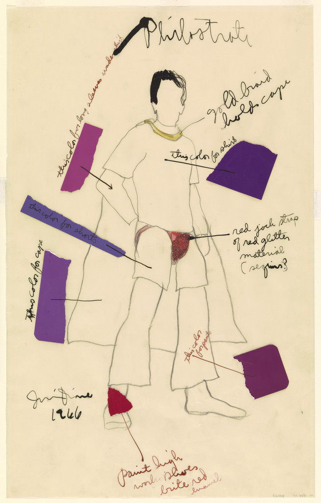 Costume study for A Midsummer Night's Dream: Philostrate, Jim Dine, 1966, Cut-and-pasted papers, pencil, watercolor, ink, and glitter on transparentized paper
