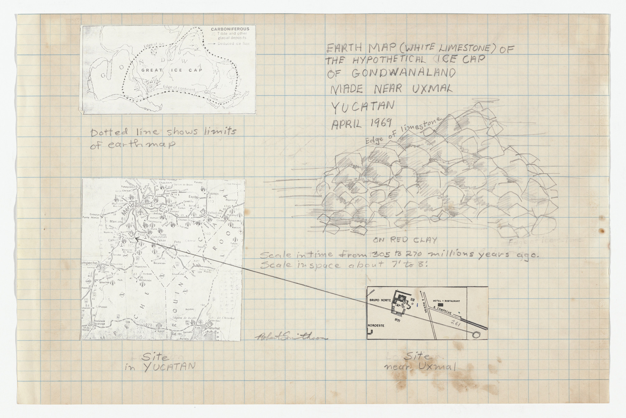 Robert Smithson. Earth Map (White Limestone) of the Hypothetical Ice Cap of Gondwanaland Made Near Uxmal Yucatan, April 1969, Hypothetical Continent (Icecap of Gondwanaland), Yucatan, Mexico. 1969