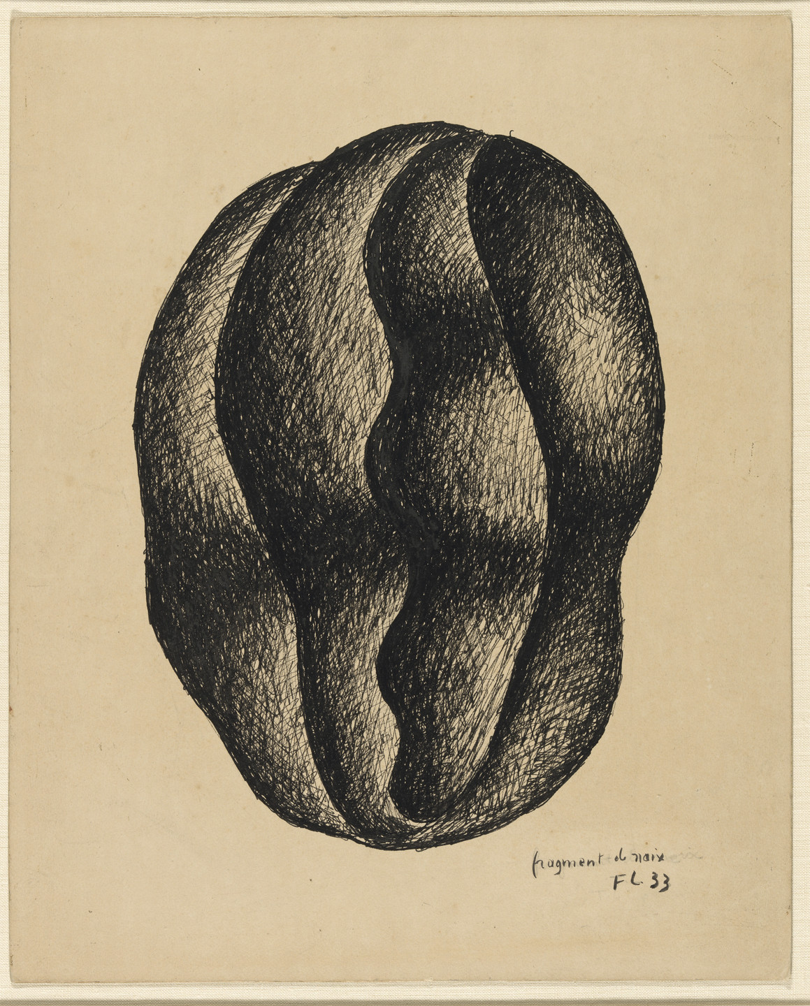 A black, wavy, oval shape fills the center of a beige background. The shape has varying light and dark shading, creating the appearance of depth and texture. This is an AI generated description. To give feedback, email ai@moma.org.