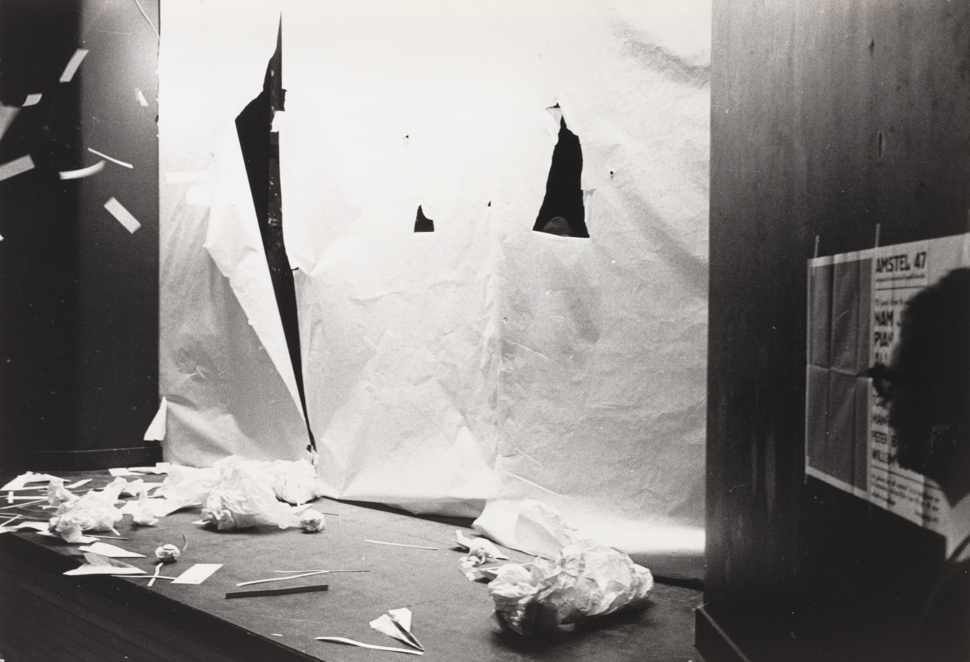 Benjamin Patterson, Oscar van Alphen. Paper Piece (1960), performed during Fluxus Festival/Theatre Compositions/Street Compositions/Exhibits/Electronic Music, Hypokriterion Theater, Amsterdam, June 23, 1963