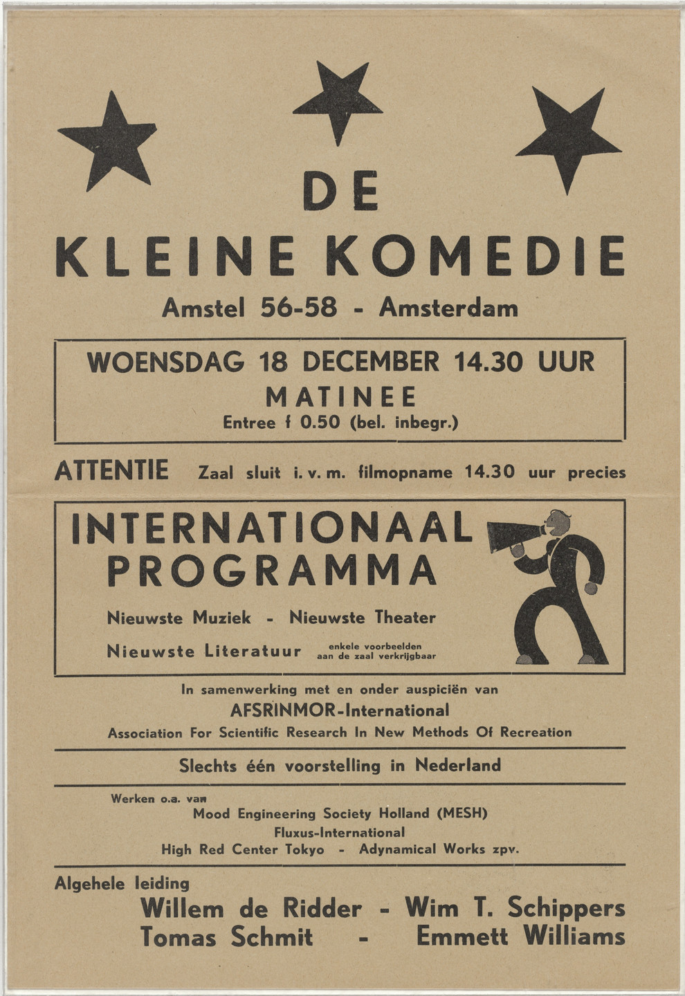 Designer Unidentified. Program for Internationaal Programma Nieuwste Muziek, Nieuwste Theater, Nieuwste Literatuur, De Kleine Komedie, Amsterdam, December 18, 1963. 1963