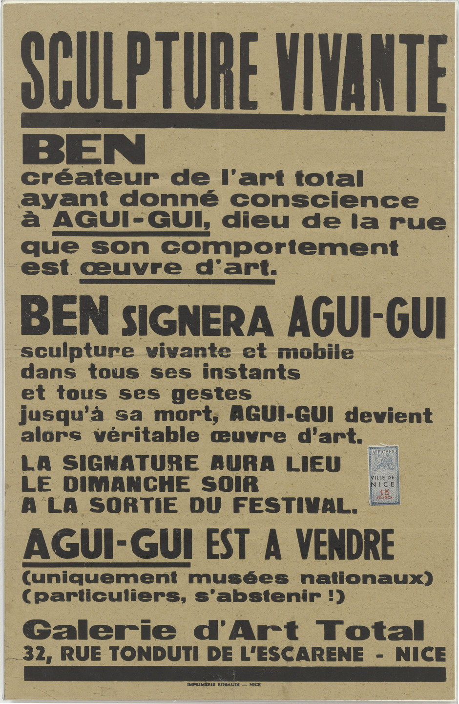 Ben Vautier. Poster for Sculpture vivante, Galerie d&#39;Art Total, Nice. 1959