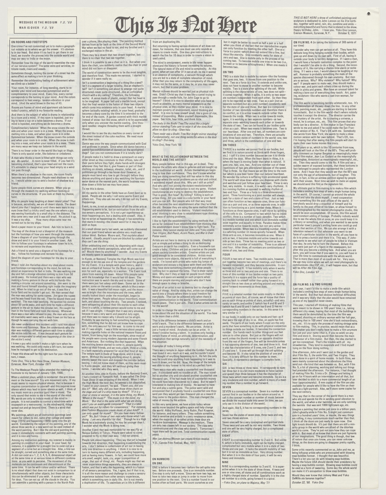 Yoko Ono. Brochure for This Is Not Here, Everson Museum of Art, Syracuse, October 9–27, 1971