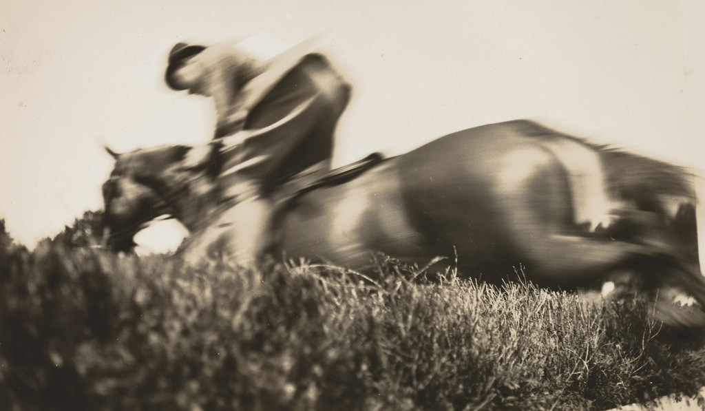 Untitled, Man on horse jumping over hedge