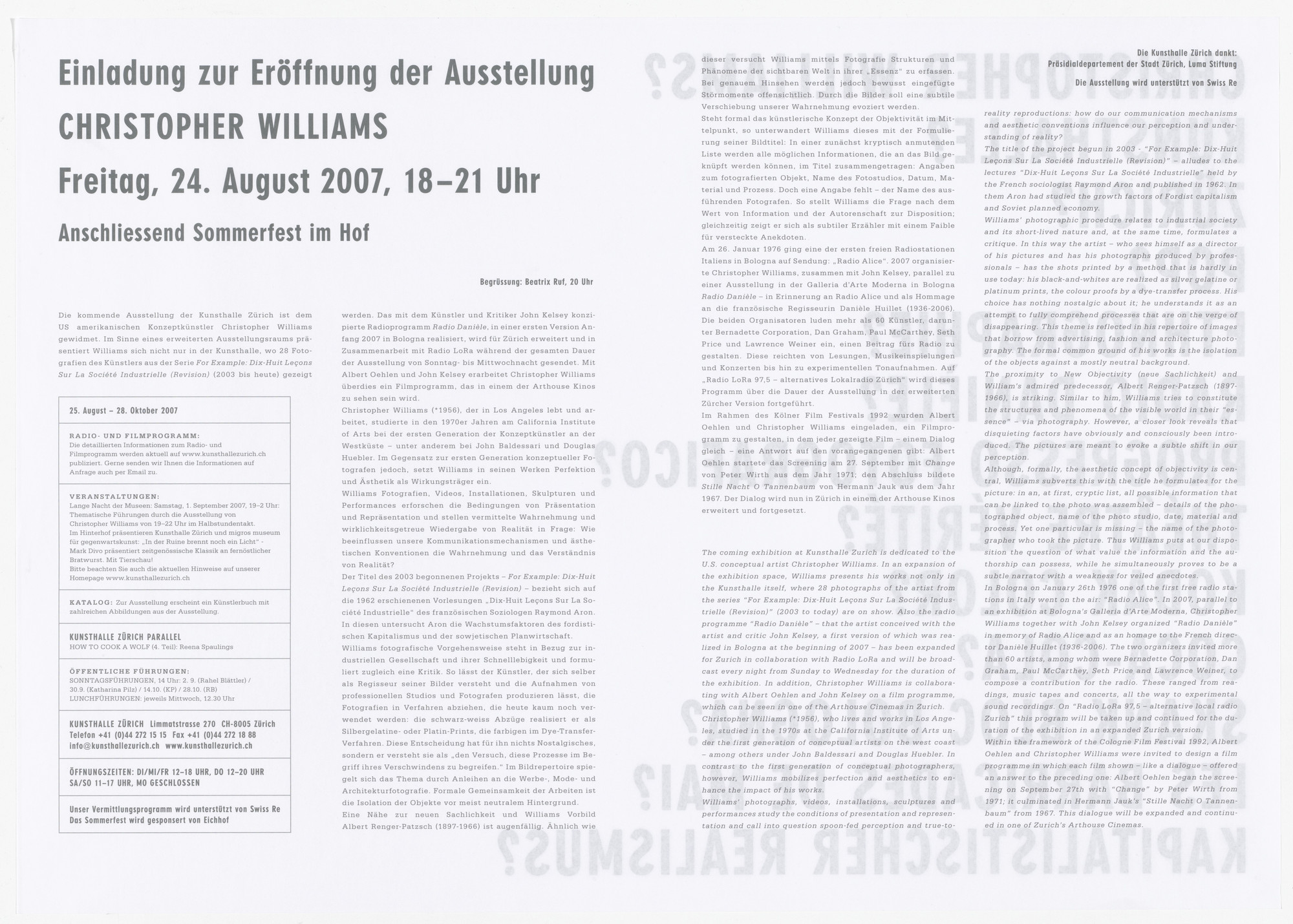 Christopher Williams. Untitled (Kunsthalle Zürich, Switzerland, 2007)