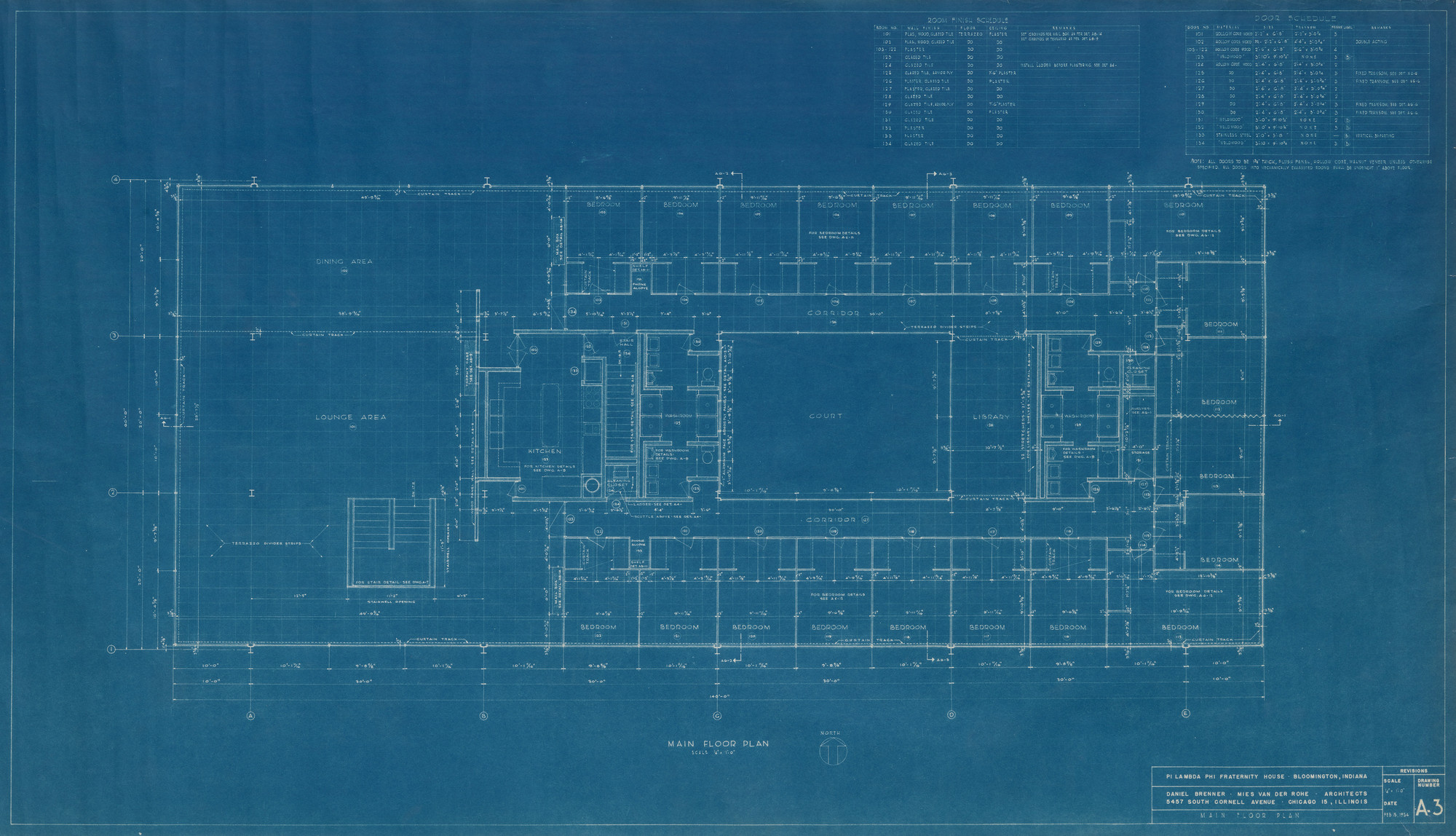 Ludwig Mies van der Rohe. Pi Lambda Phi Fraternity House project, Indiana University, Bloomington, IN (Main floor plan). 1951-1952