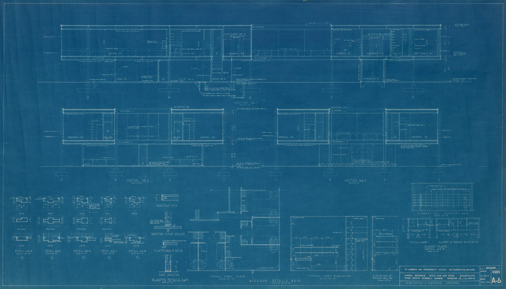 Pi Lambda Phi Fraternity House project, Indiana University, Bloomington, IN (Longitudinal and transverse sections, details)