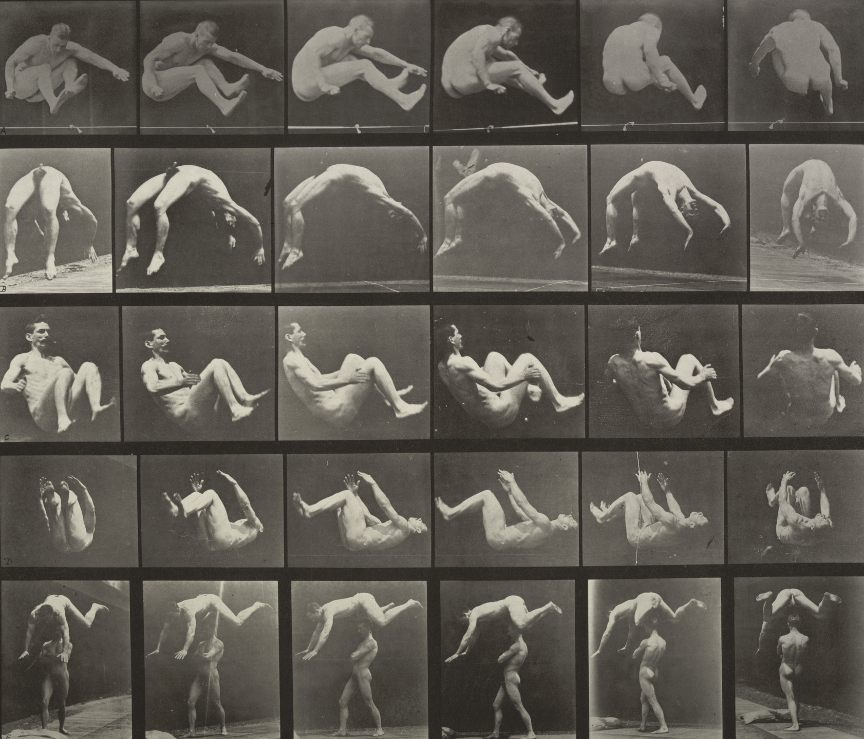 Eadweard J. Muybridge. Jumping; Handspring; Somersault; Springing over a Man&#39;s Back: Plate 522 from Animal Locomotion (1887). 1884-86