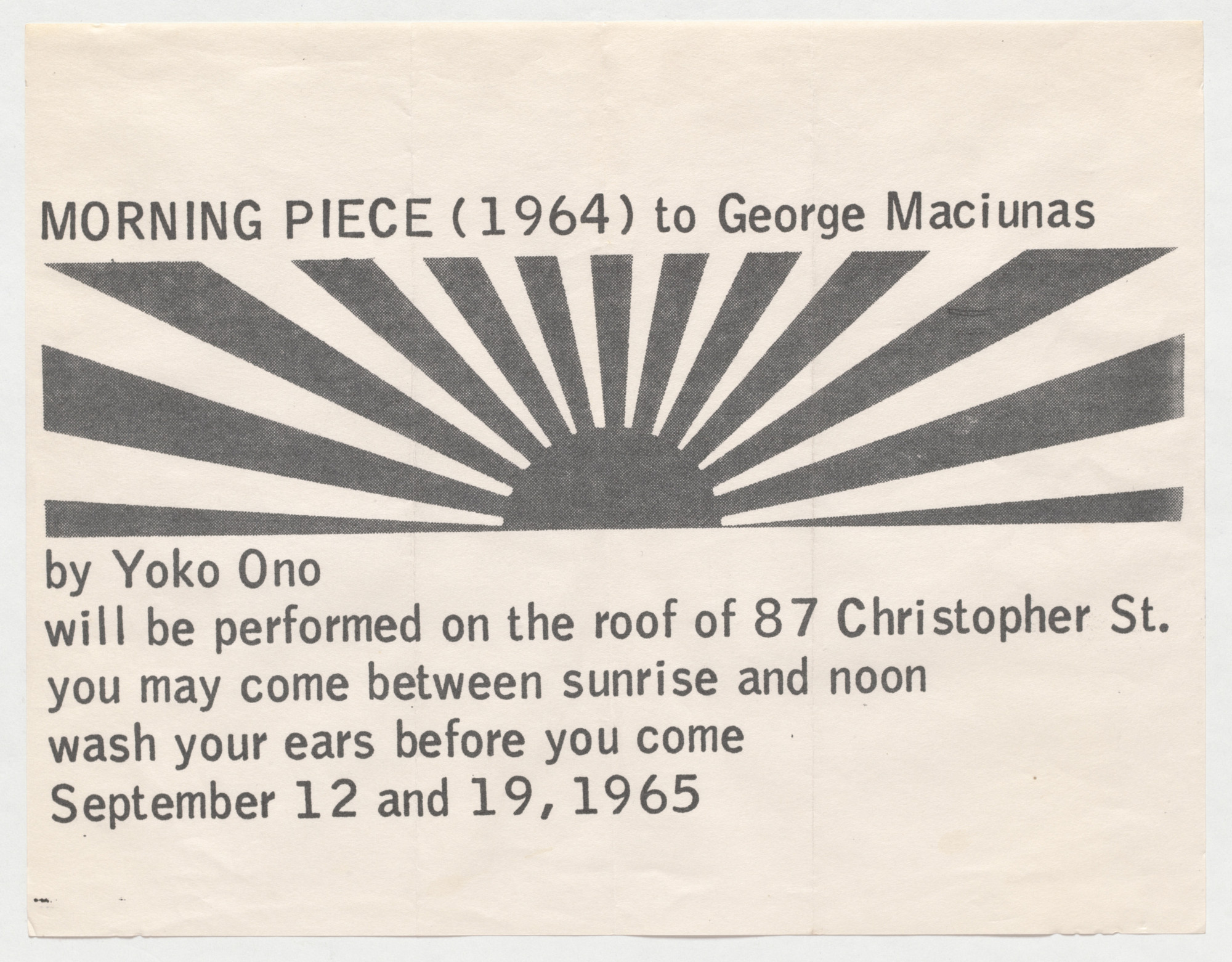 Yoko Ono. Announcement for Morning Piece (1964) to George Maciunas, roof of Yoko Ono's apartment buildling, New York