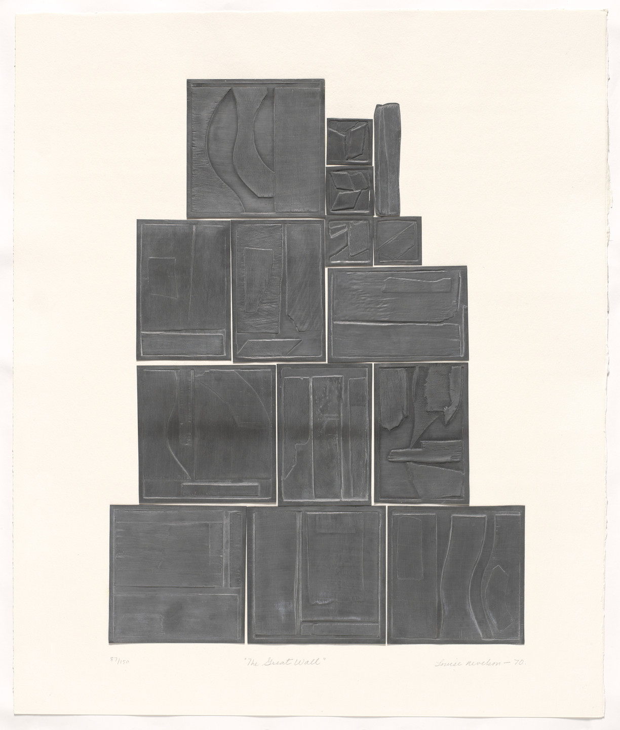 The image features a series of textured, gray rectangular shapes stacked and arranged on an off-white background. The rectangles vary in size and have different patterns and ridges. This is an AI generated description. To give feedback, email ai@moma.org.