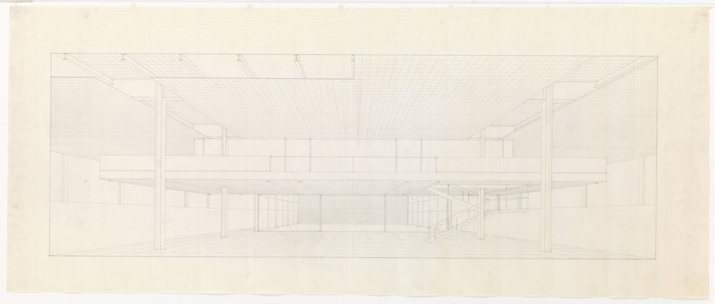 IIT Library and Administration Building, Chicago, Illinois, Interior perspective: Library and Mezzanine