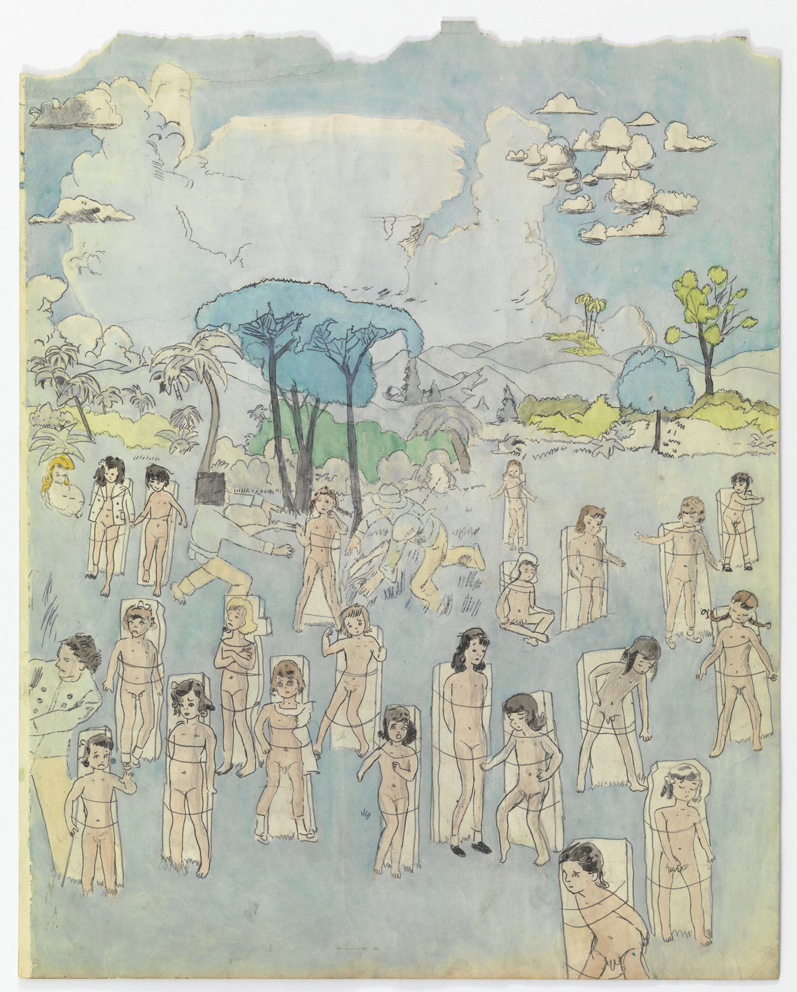 Henry Darger. a) Untitled (Many girls tied to slabs of stone) b) Untitled (Pastoral scene - girls with lasso). n.d.