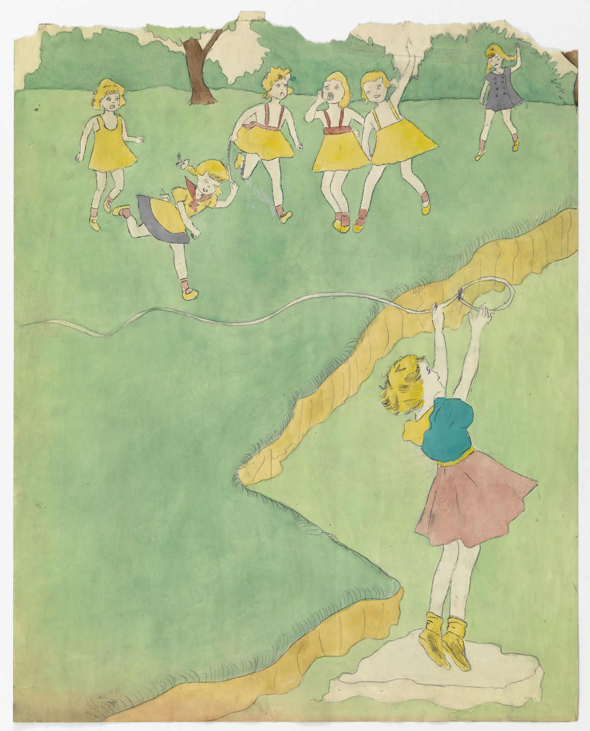 Henry Darger. a) Untitled (Many girls tied to slabs of stone) b) Untitled (Pastoral scene - girls with lasso). n.d.
