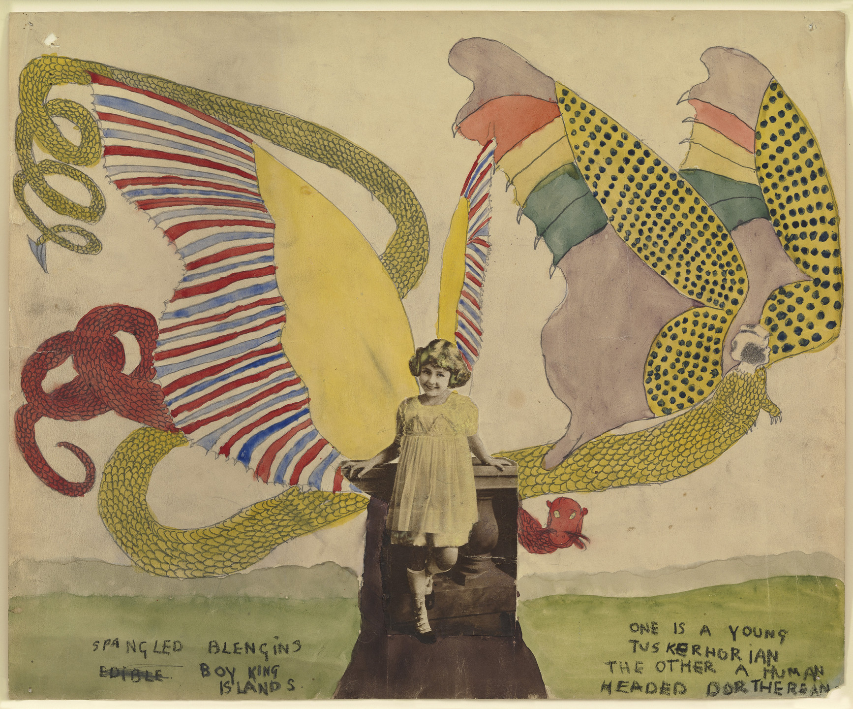 Henry Darger. Spangled Blengins. Boy King Islands. One is a young Tuskerhorian the other a human headed Dortherean.. n.d.