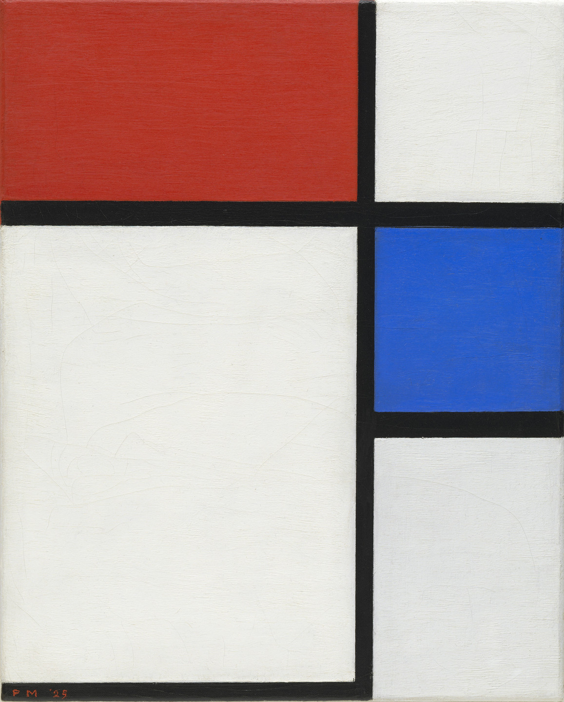 The image features a composition of geometric shapes divided by black lines. The shapes are filled with solid colors: red in the top left, blue in the bottom right, and white in the other sections. This is an AI generated description. To give feedback, email ai@moma.org.