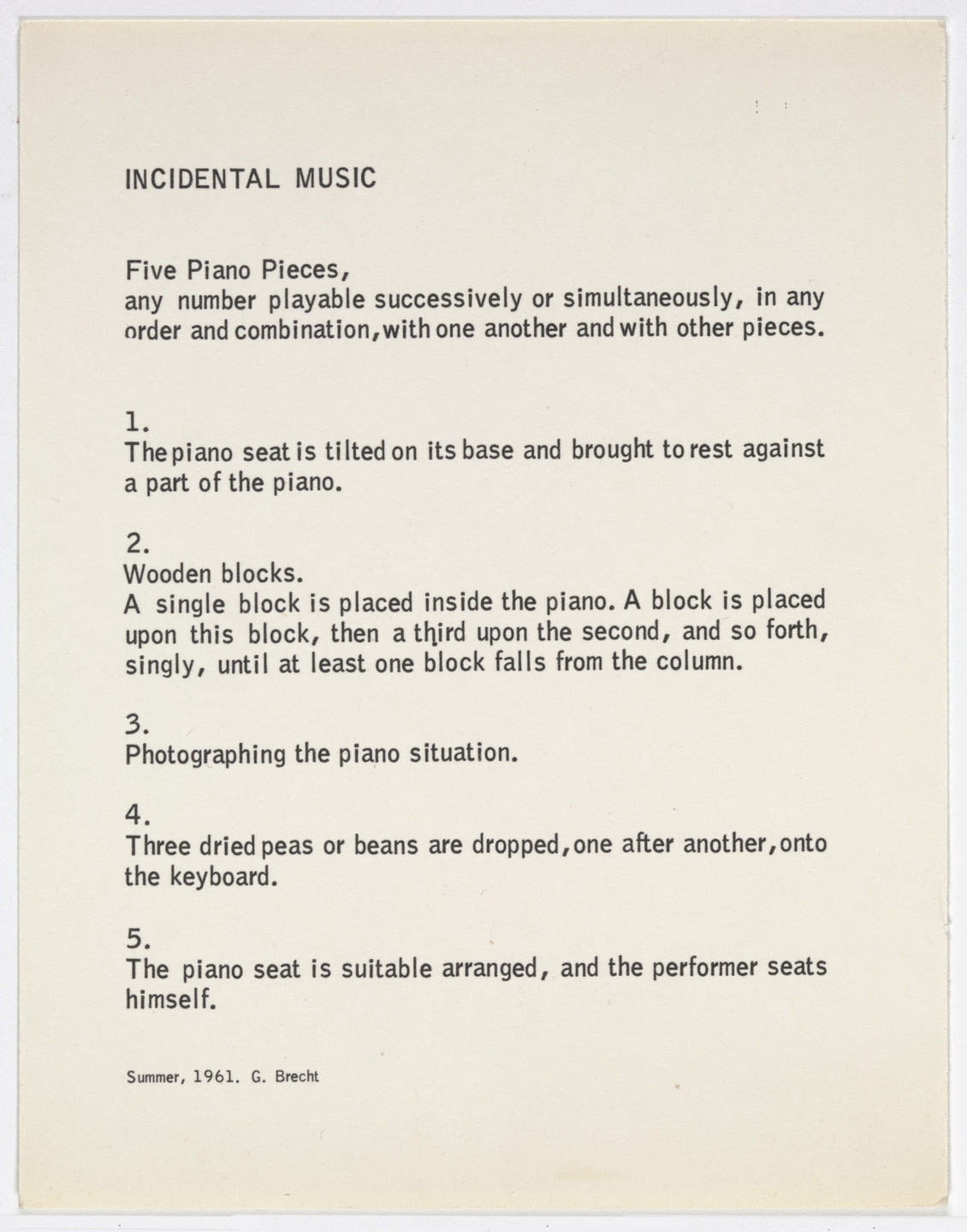 George Brecht. Incidental Music from Water Yam. 1961