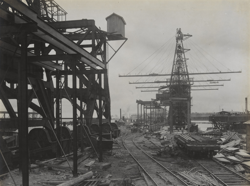 Cristobal Coaling station. View looking north from southend under end of Unloader wharf
