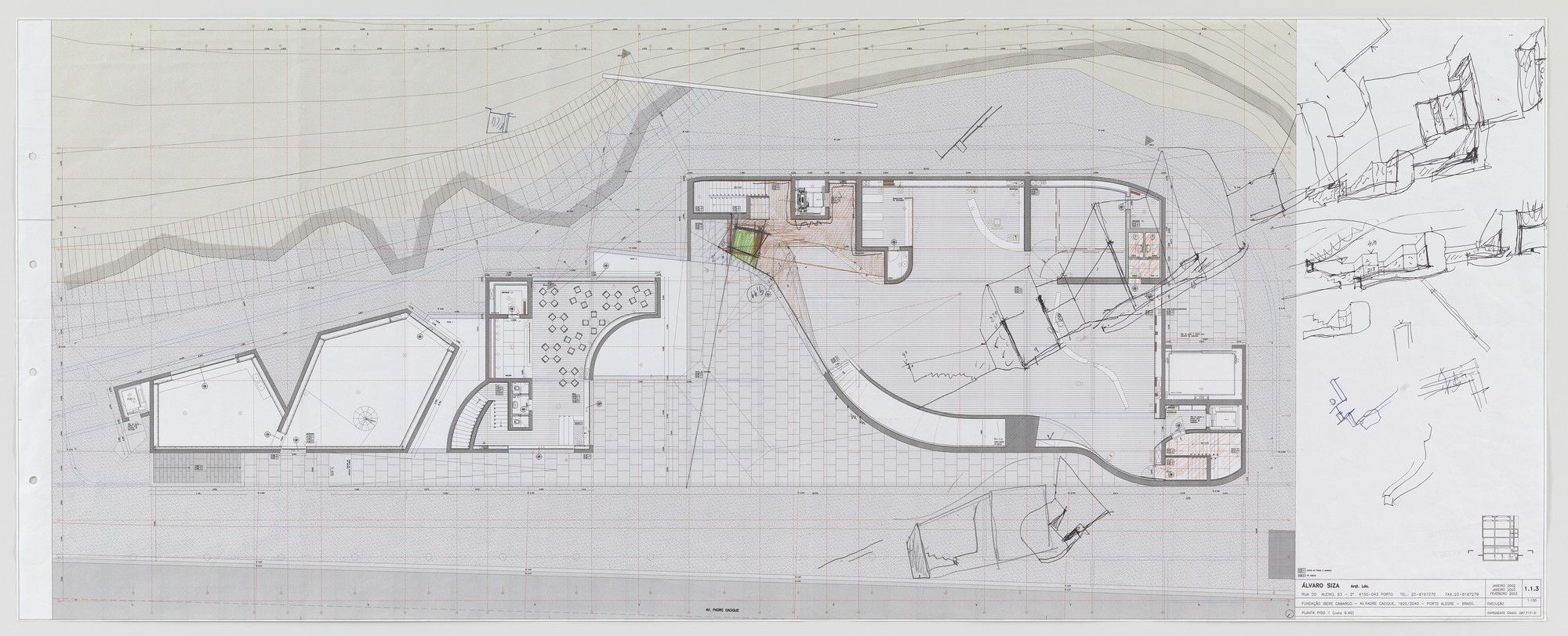 Álvaro Siza. Iberê Camargo Museum, Porto Alegre, Brazil (Plan, perspective sketches). 1998-2008