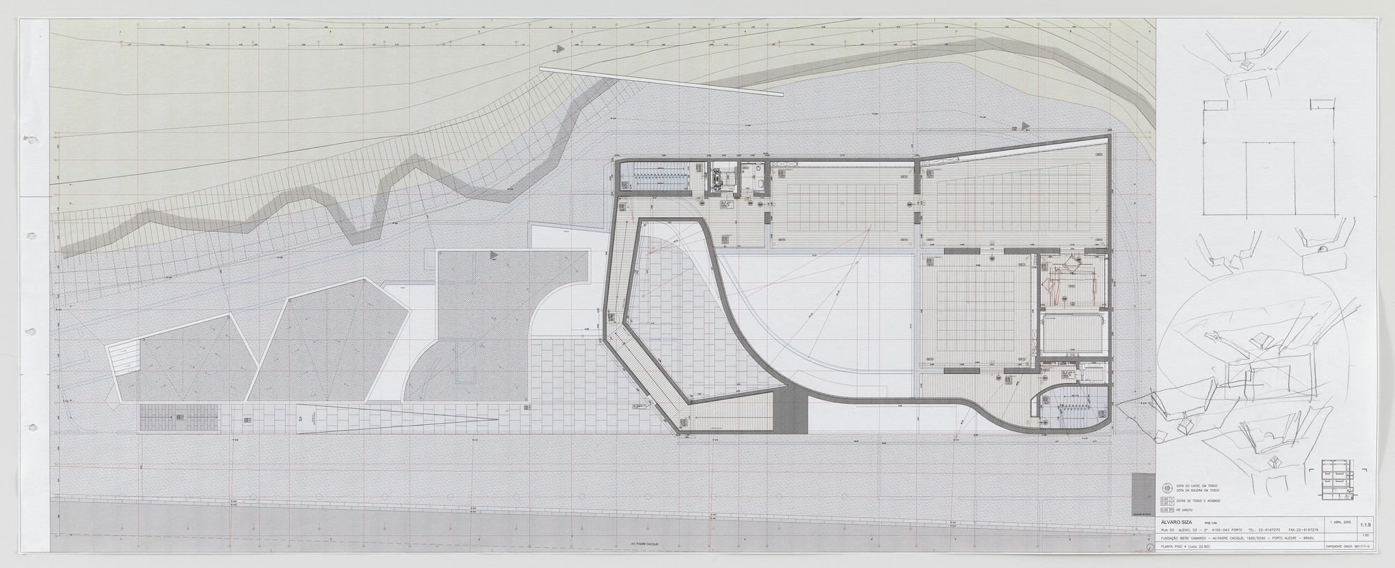 Álvaro Siza. Iberê Camargo Museum, Porto Alegre, Brazil (Plan, perspective sketches). 1998-2008