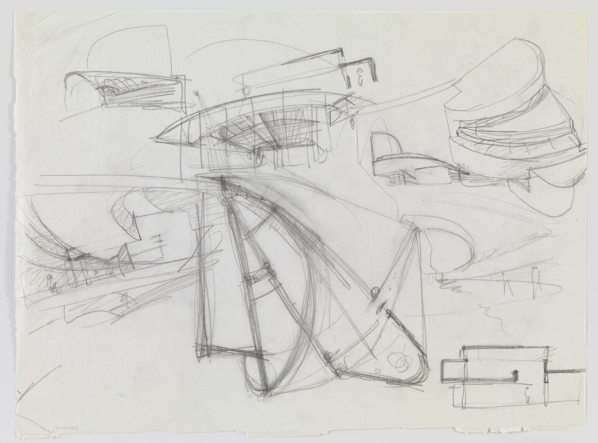 Álvaro Siza. Banco Pinto &amp; Sotto Mayor, Oliveira de Azeméis, Portugal (Elevation, plan, and perspective sketches). 1971-1974