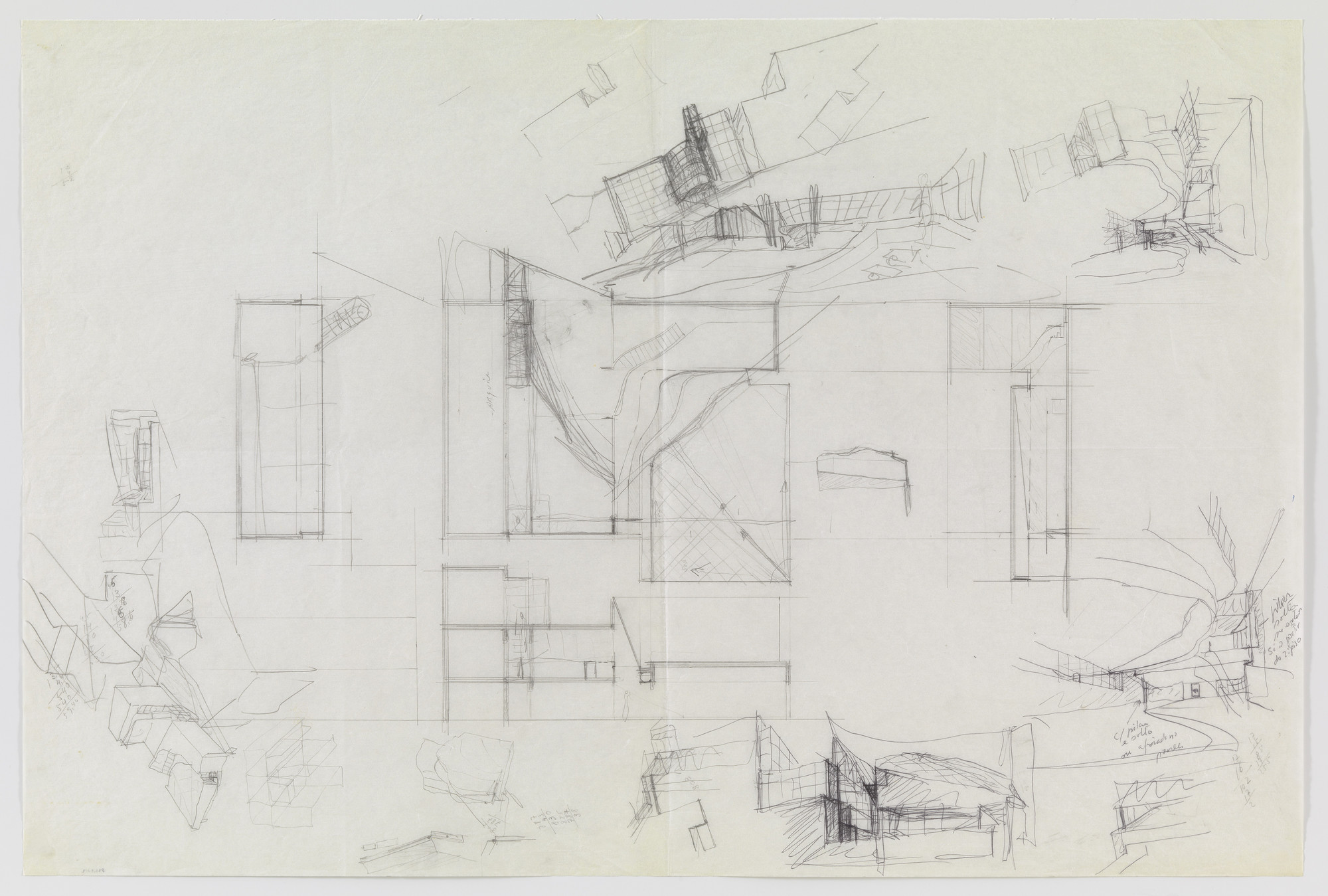 Álvaro Siza. Banco Pinto &amp; Sotto Mayor, Oliveira de Azeméis, Portugal (Plan and perspective sketches). 1971-1974