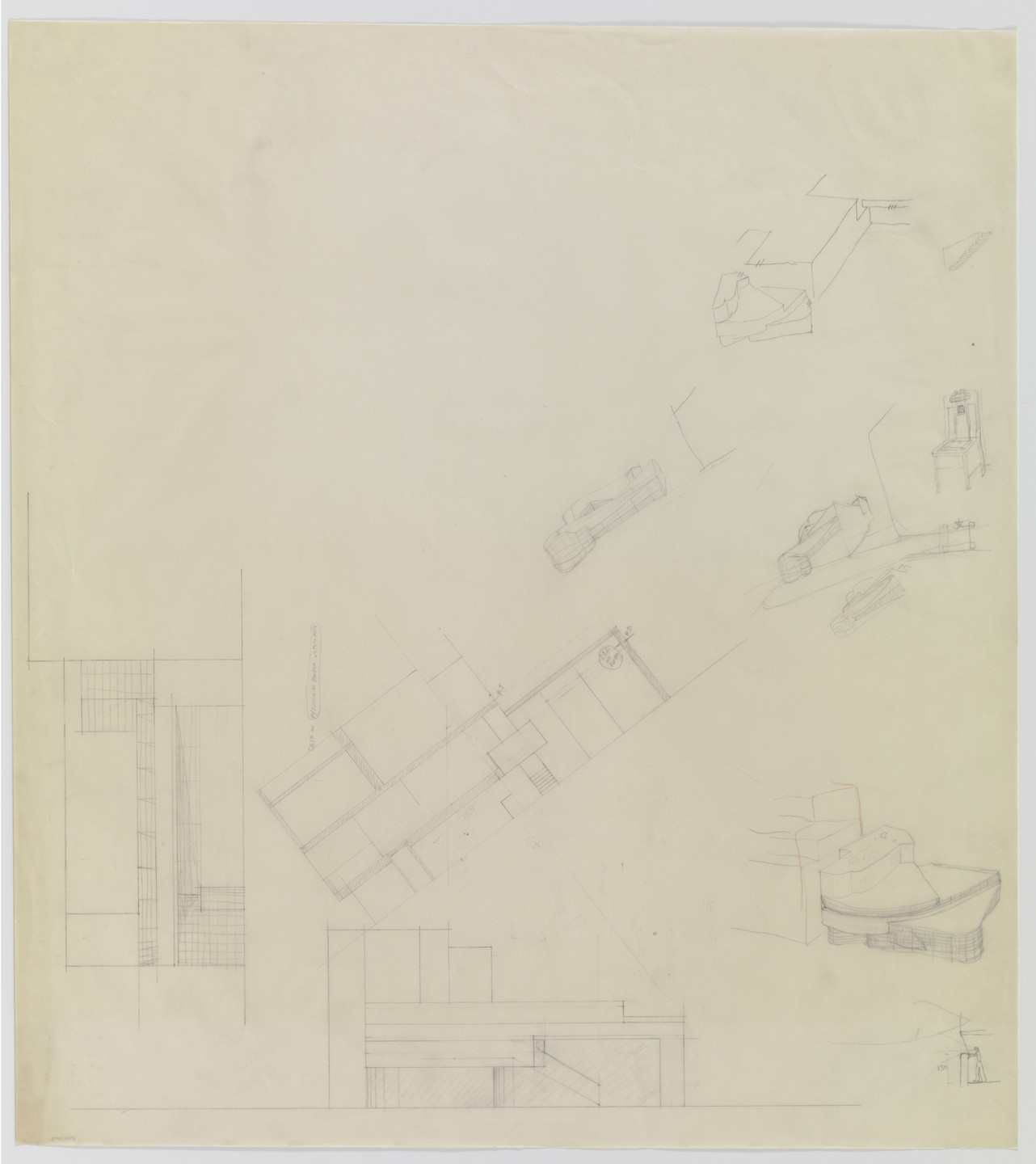 Álvaro Siza. Banco Pinto &amp; Sotto Mayor, Oliveira de Azeméis, Portugal (Elevation, section, and perspective sketches). 1971-1974