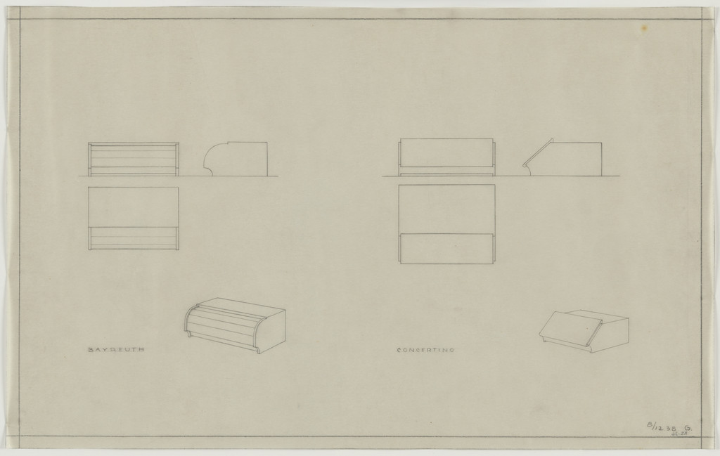 Design for Telefunken Record Player, Two record-player cabinets: Bayreuth and Concertino. Elevations, plans, and perspectives