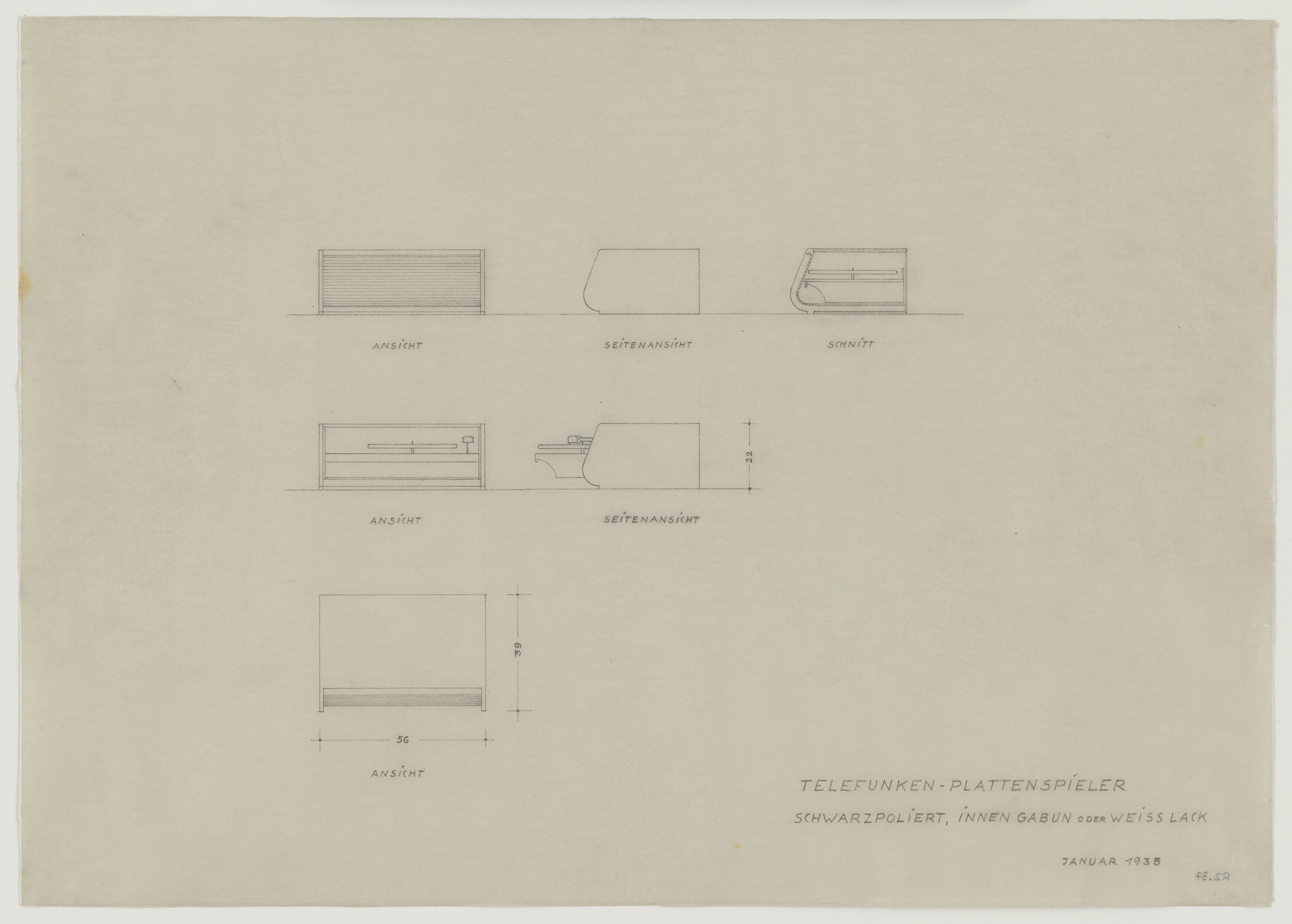 Lilly Reich. Design for Telefunken Record Player, Elevations, section, and plan. 1938