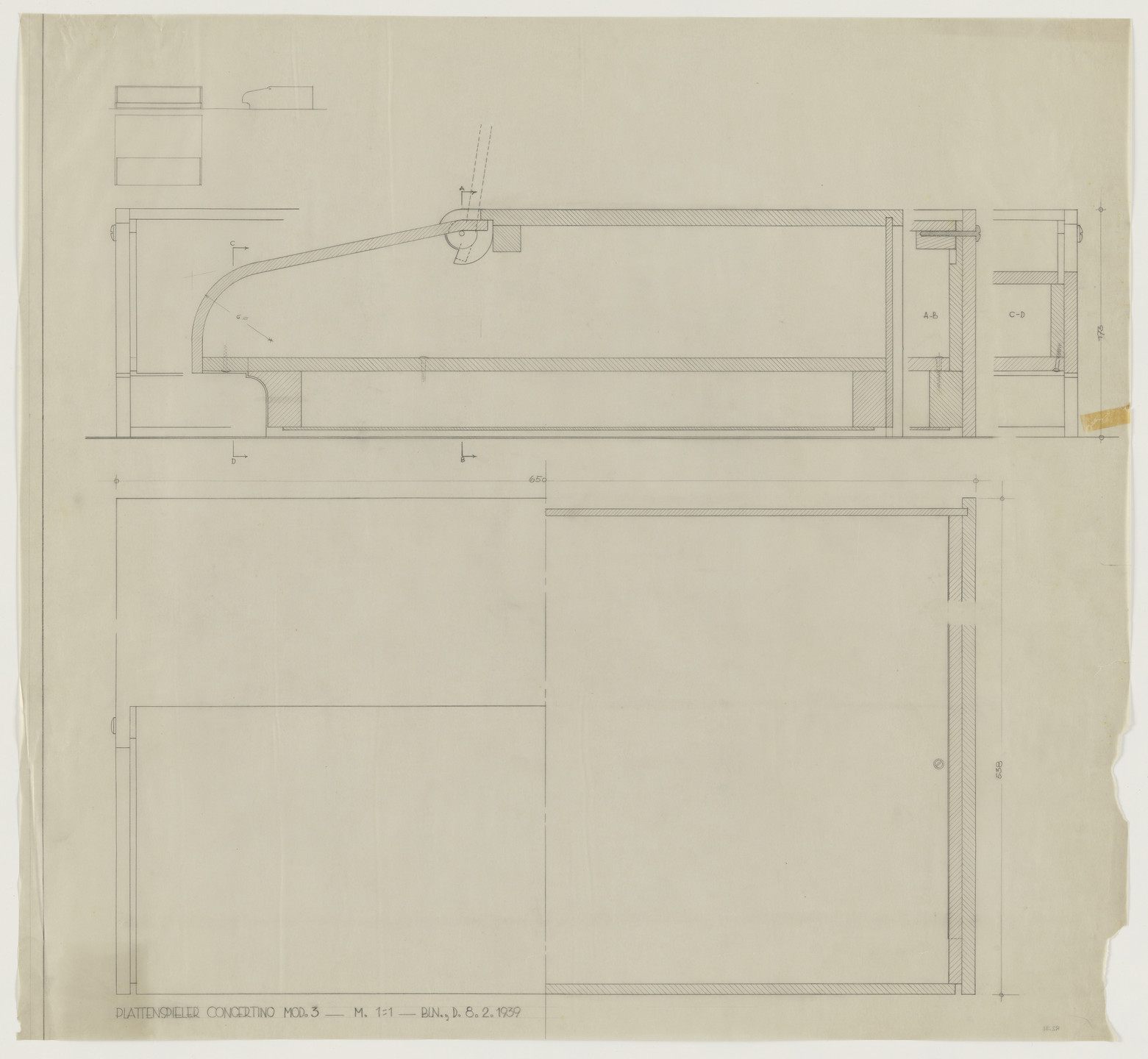 Lilly Reich. Design for Telefunken Record Player, Model 3, Concertino record-player. Elevations, plan, and sections. 1939