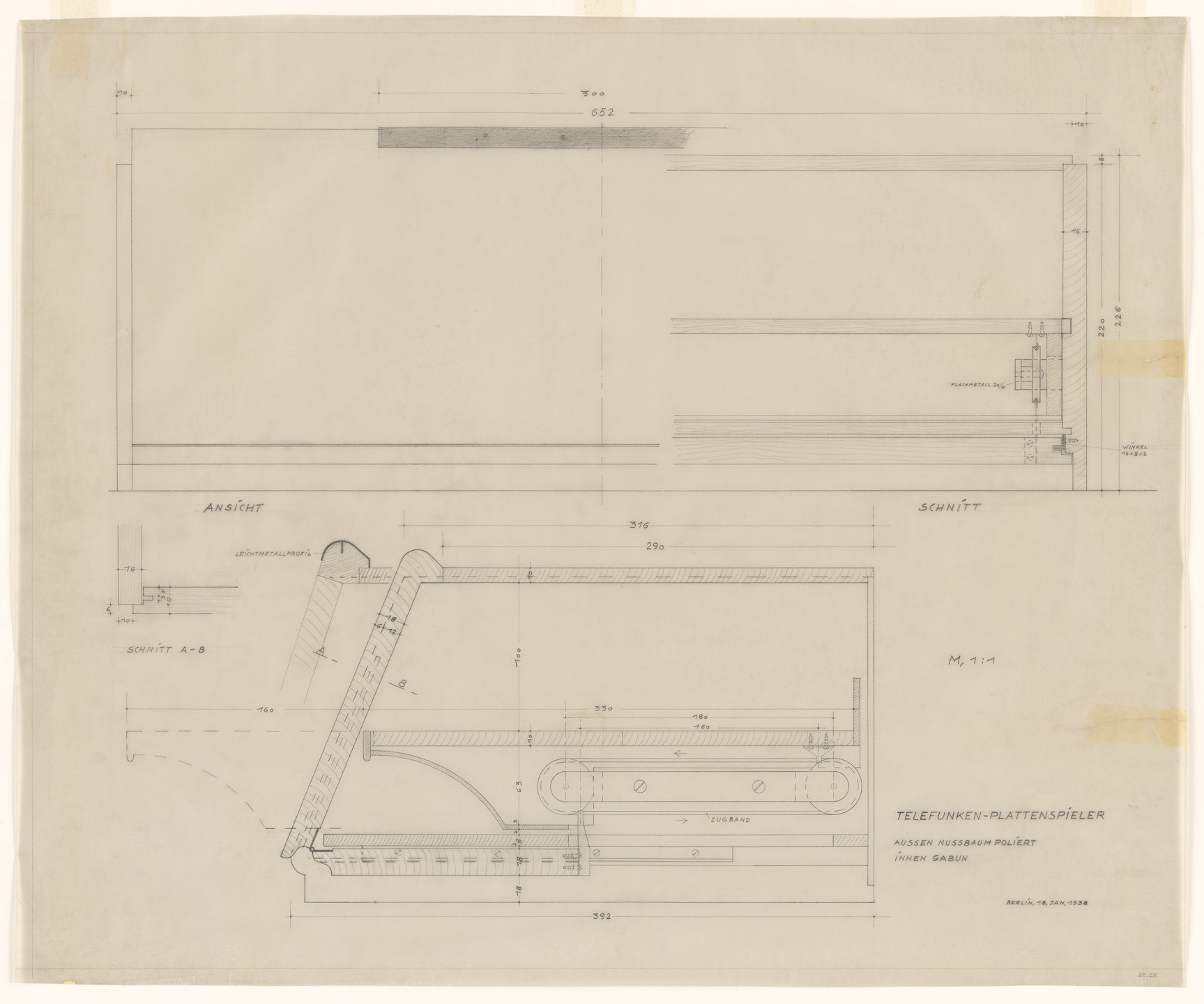 Lilly Reich. Design for Telefunken Record Player, Elevations and sections. 1938