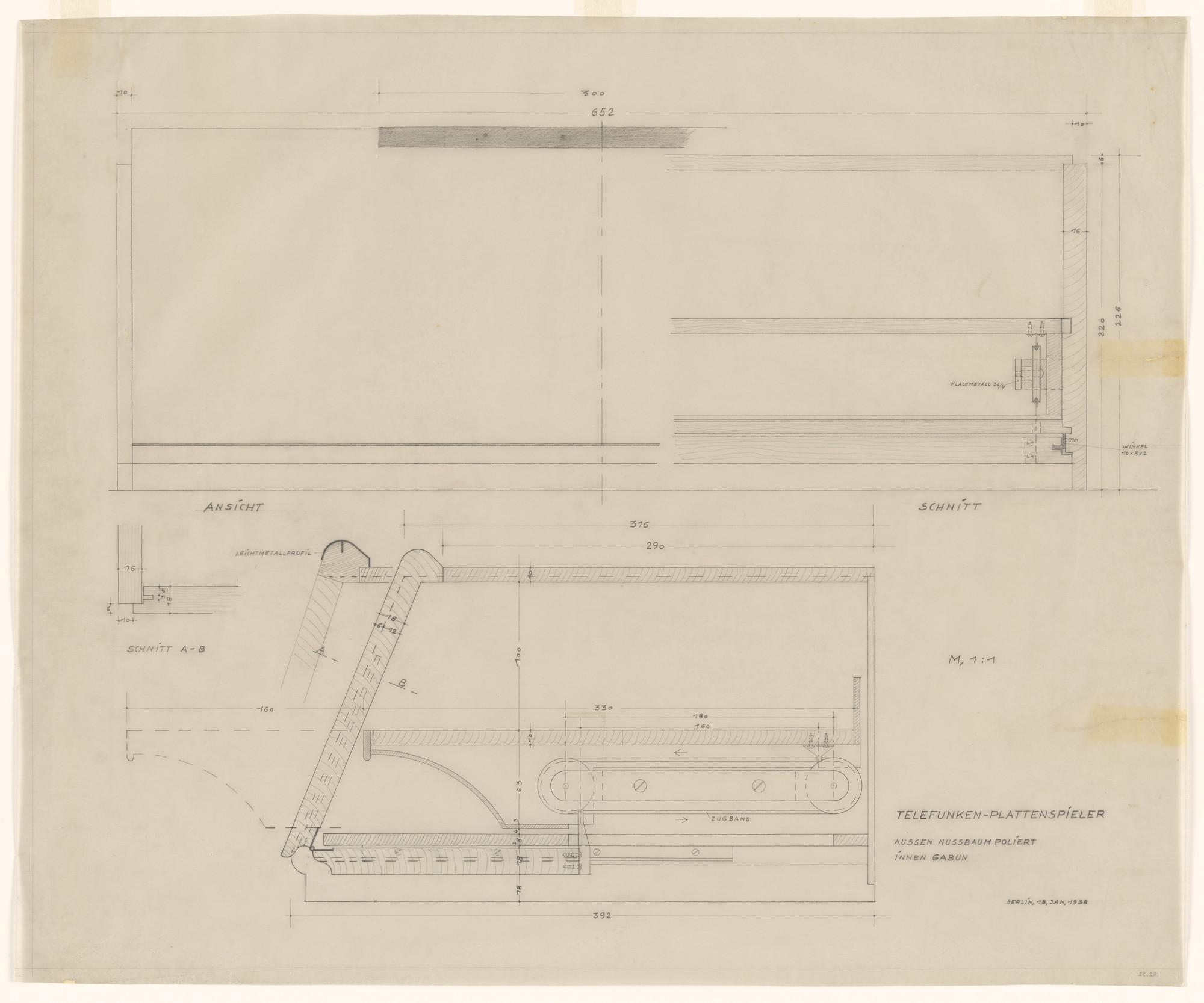 Lilly Reich. Design for Telefunken Record Player, Elevations and sections