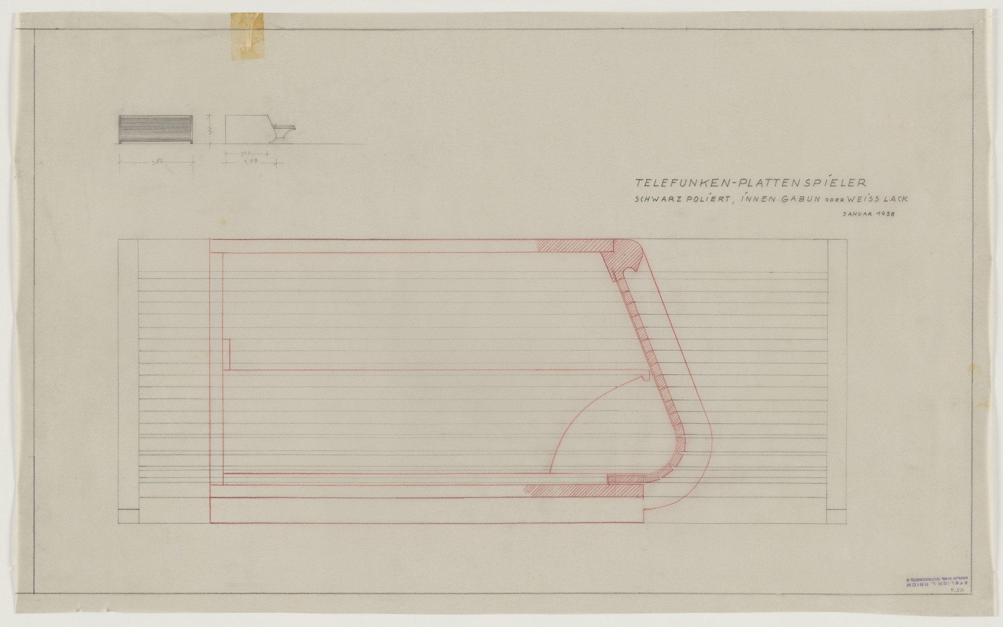 Lilly Reich. Design for Telefunken Record Player, Three elevations and section.. 1938