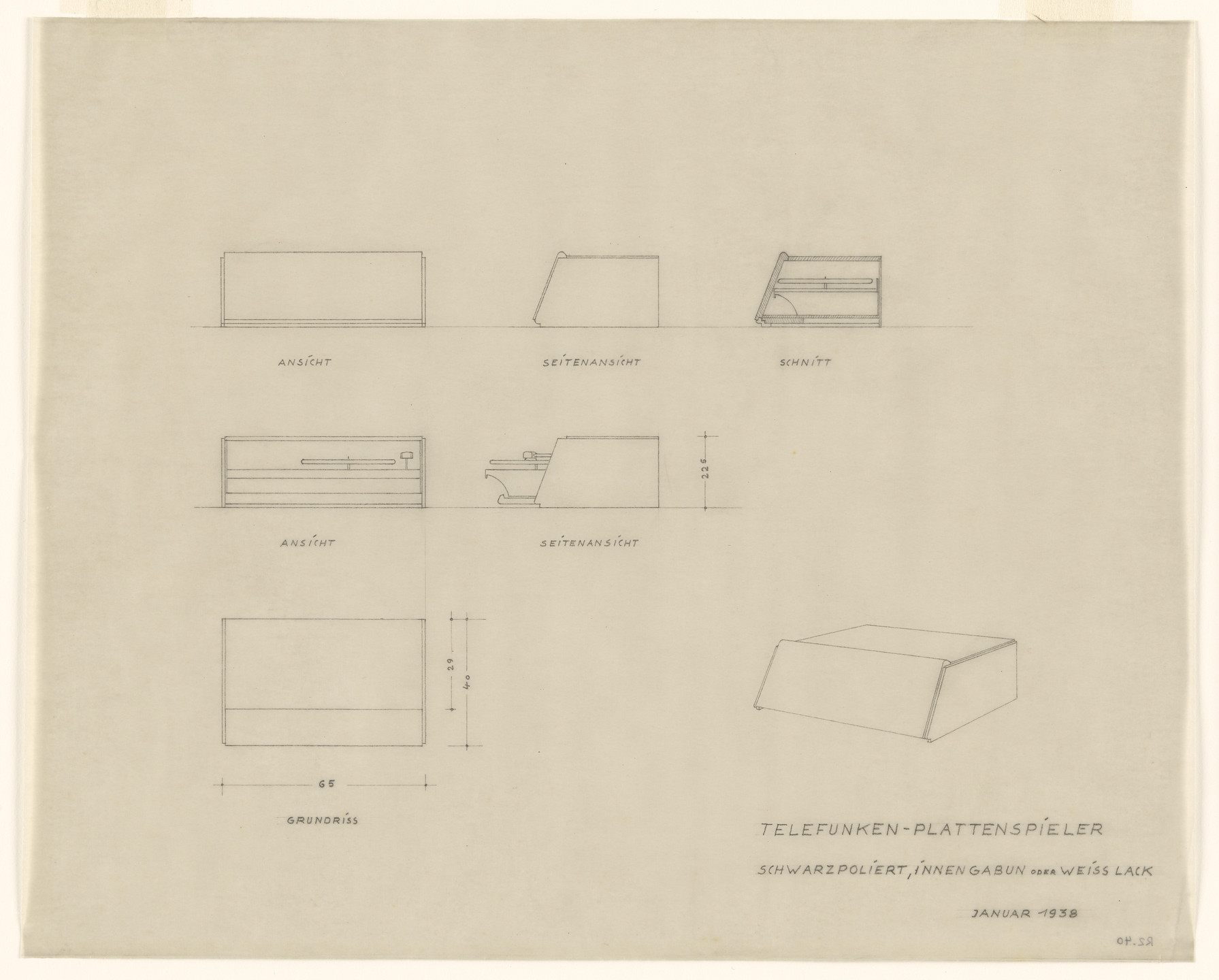 Lilly Reich. Design for Telefunken Record Player, Elevations, section, plan and perspective. 1938