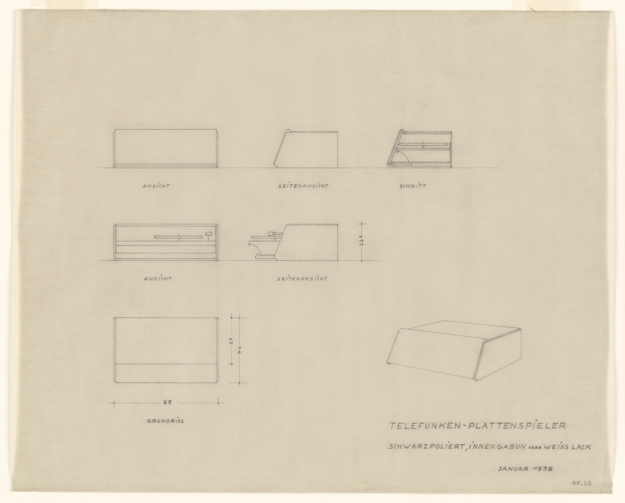 Lilly Reich. Design for Telefunken Record Player, Elevations, section, plan and perspective