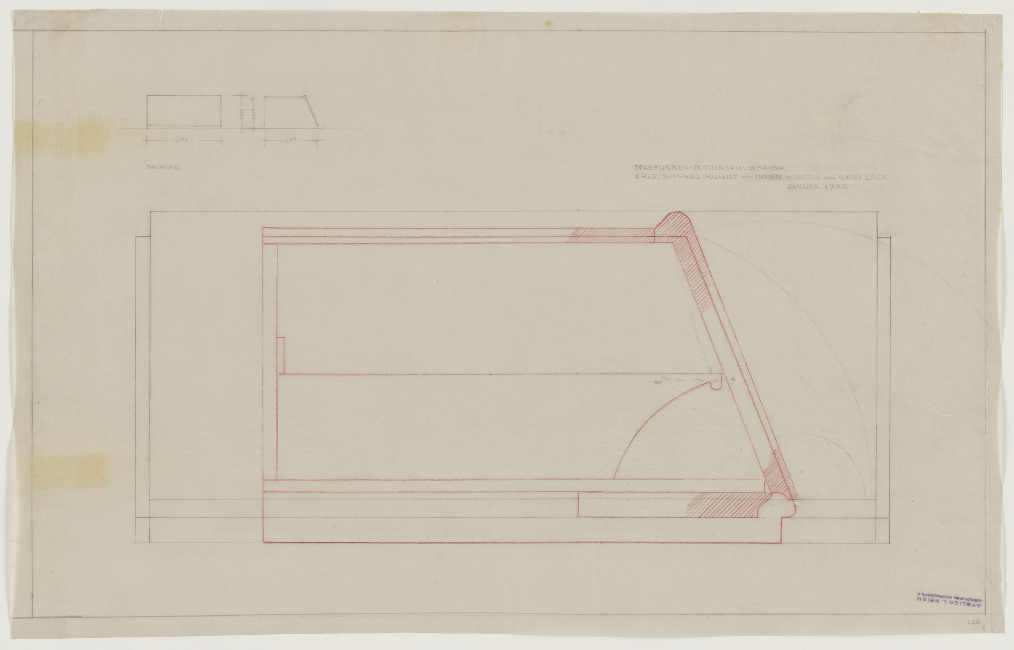 Lilly Reich. Design for Telefunken Record Player, Record-player cabinet. Three elevations and section.. 1938