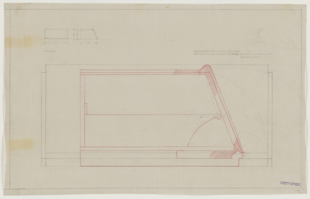 Design for Telefunken Record Player, Record-player cabinet. Three elevations and section.