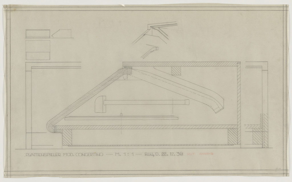 Design for Telefunken Record Player, Concertino record-player. Elevations, plan, section, and perspective of details.