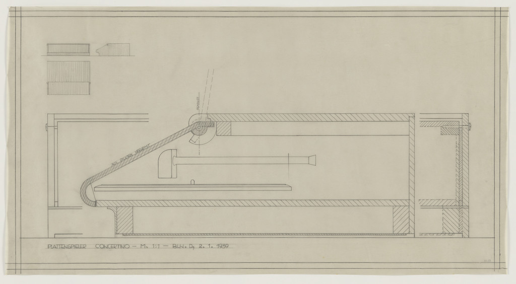 Design for Telefunken Record Player, Concertino record-player. Elevations, plan, and section