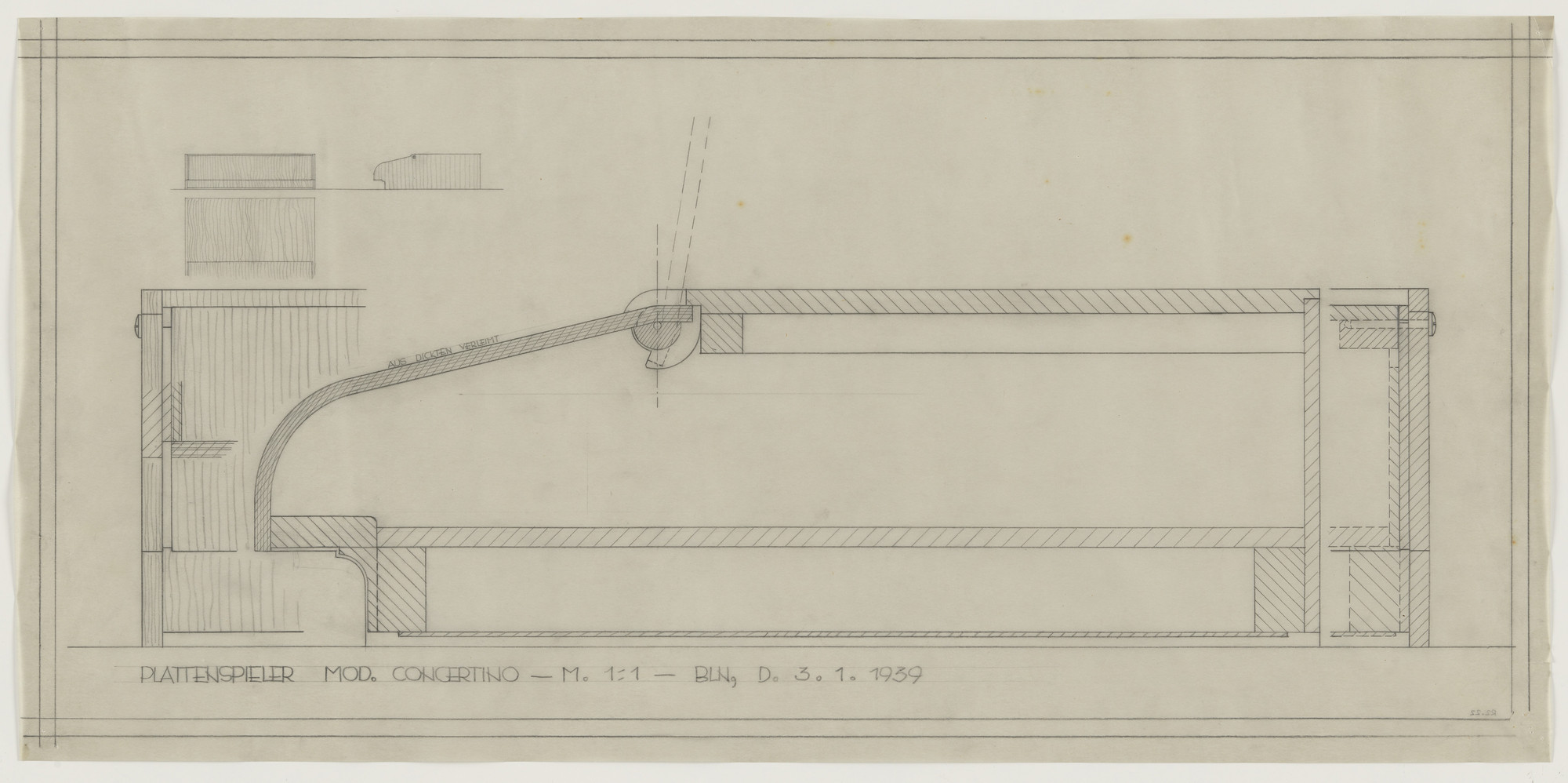 Lilly Reich. Design for Telefunken Record Player, Record-player, Concertino model. Elevations, plan, and section. 1939
