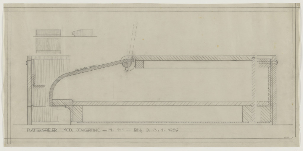 Design for Telefunken Record Player, Record-player, Concertino model. Elevations, plan, and section