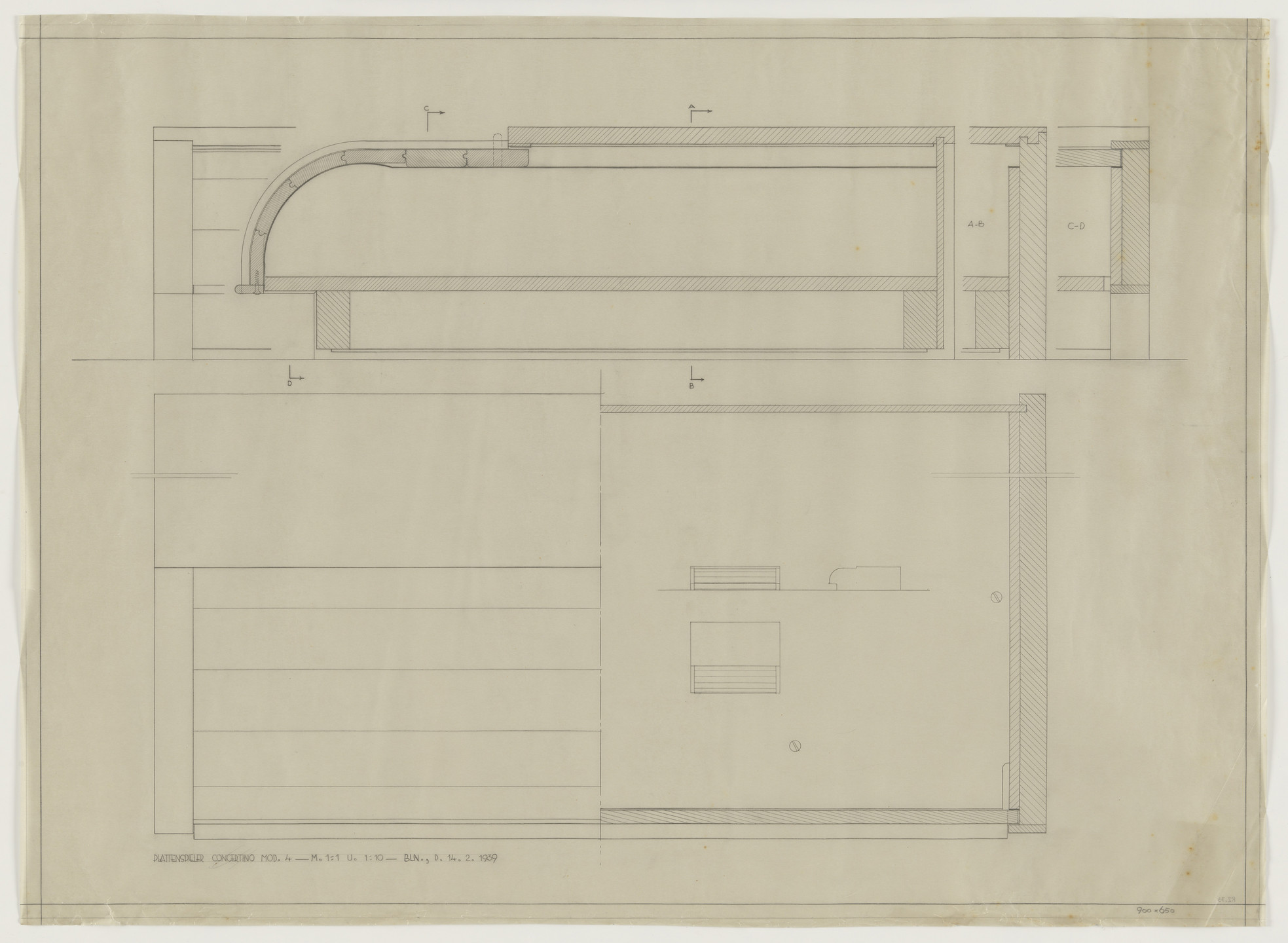 Lilly Reich. Design for Telefunken Record Player, Model 4, Concertino record-player. Elevations and sections. 1939