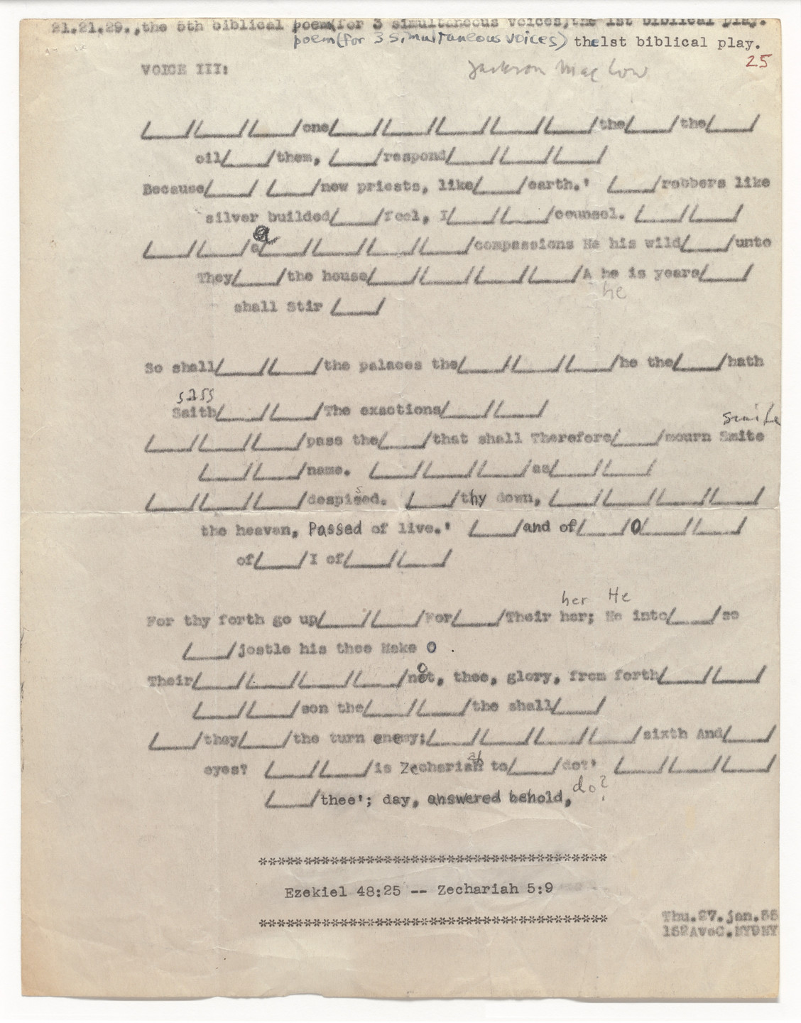 Jackson Mac Low. 21.21.29., The 5th Biblical Poem (for 3 Simultaneous Voices) The 1st Biblical Play. 1955