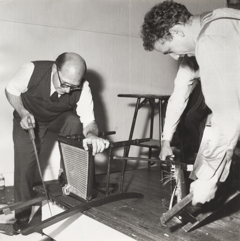Daniel Spoerri's Composition for Chairs and Tables, performed by Daniel Spoerri and Emmett Williams during Festival of Misfits, Institute of Contemporary Arts, London, October 24, 1962