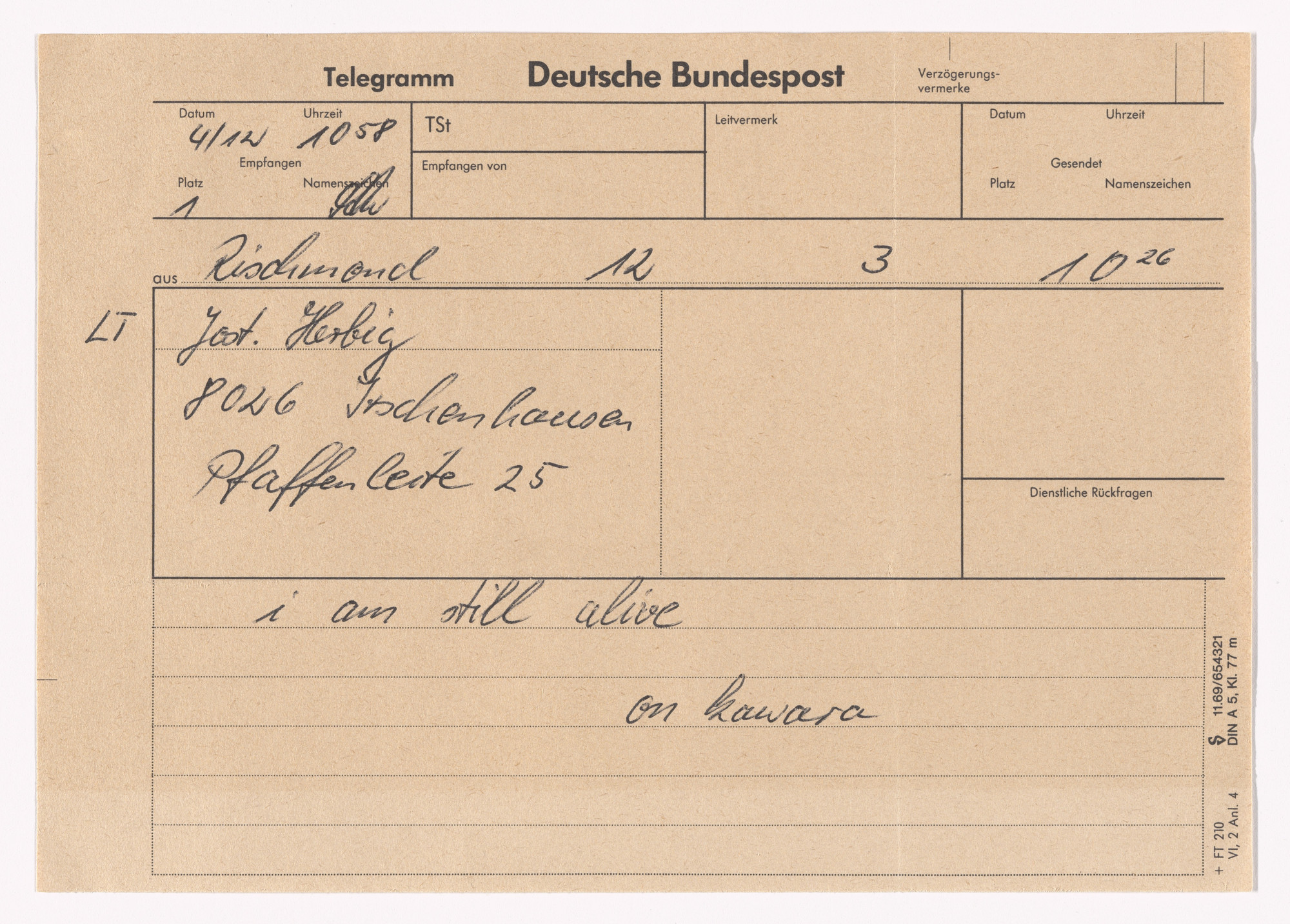 On Kawara. I Am Still Alive