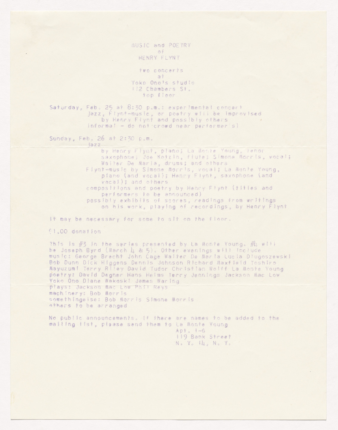 Henry Flynt. Flyer for Music and Poetry of Henry Flynt, 112 Chambers Street, February 25–26, 1961. 1961