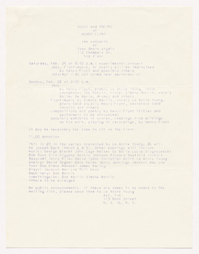 Flyer for Music and Poetry of Henry Flynt, 112 Chambers Street, February 25-26, 1961