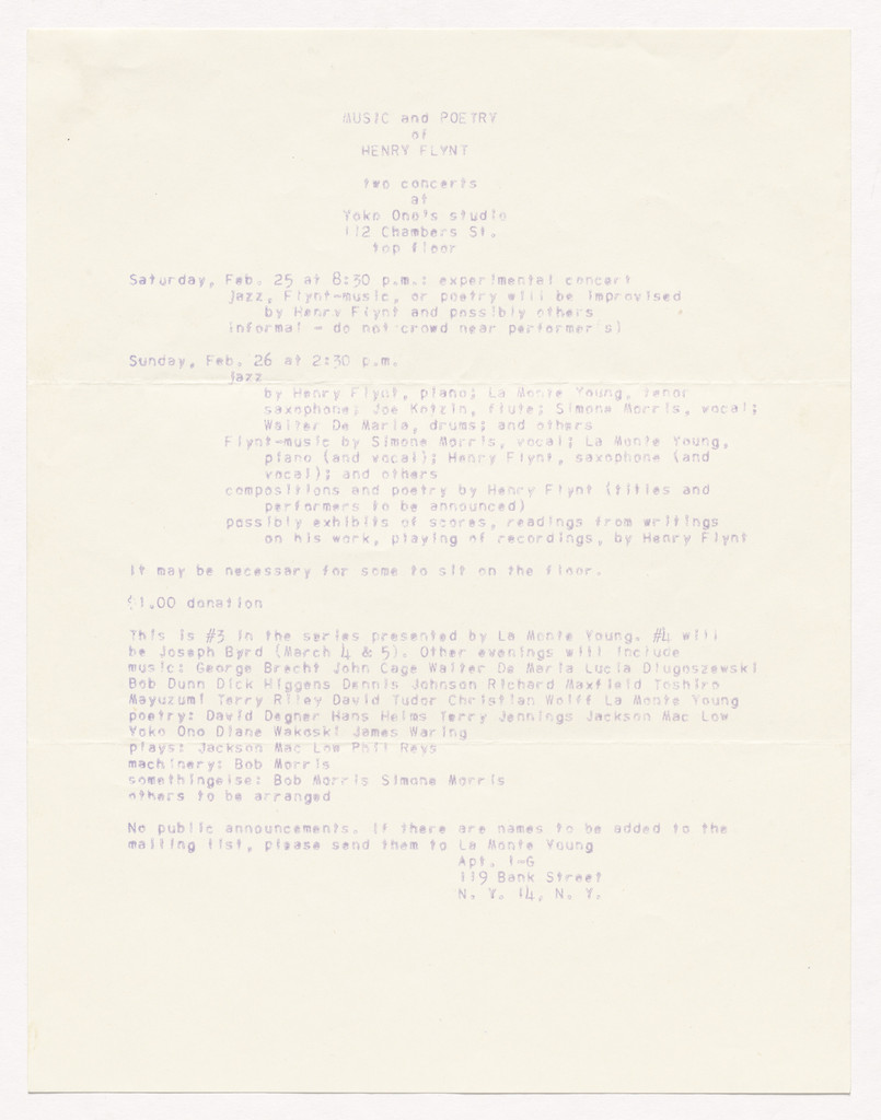 Flyer for Music and Poetry of Henry Flynt, 112 Chambers Street, February 25–26, 1961