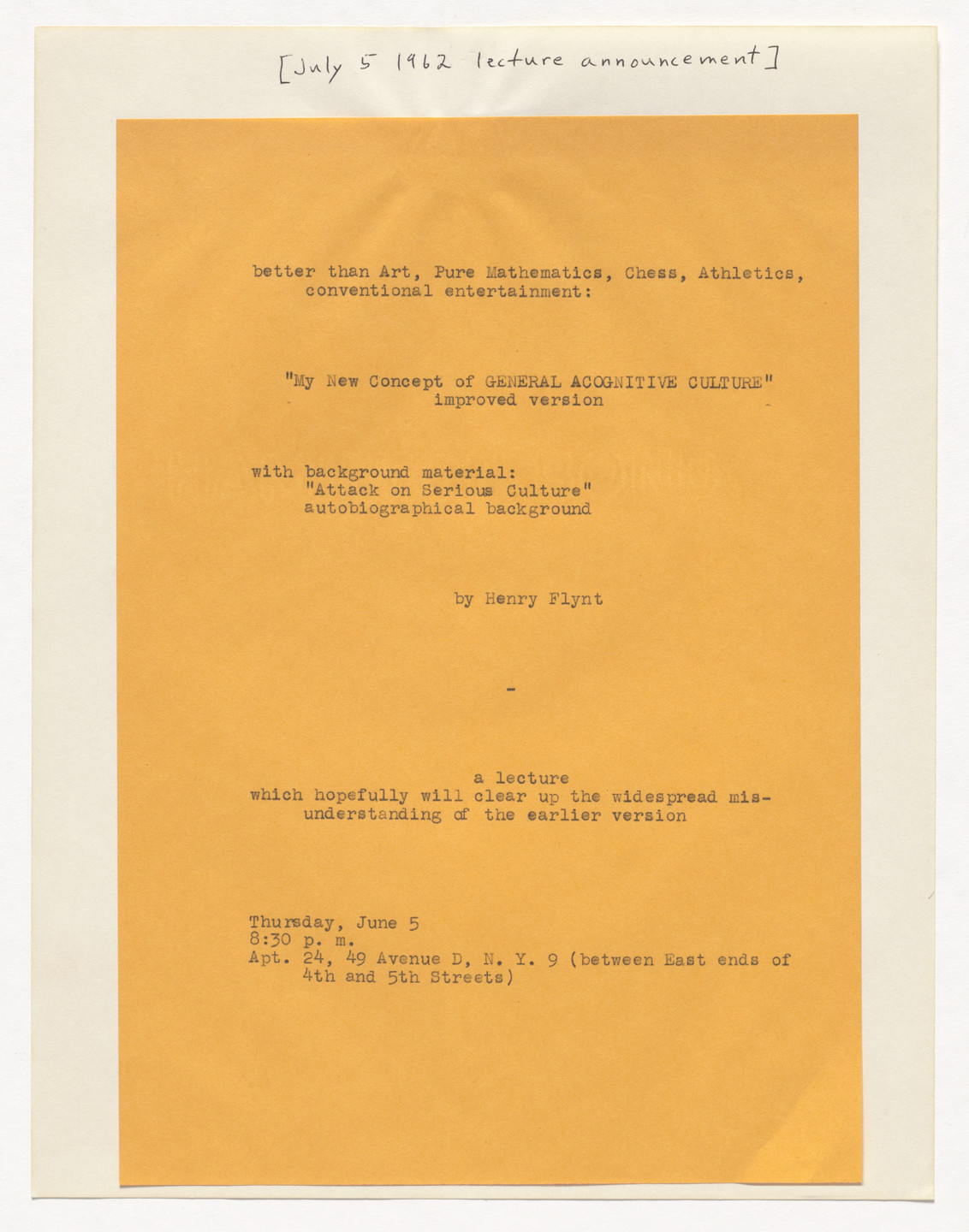 Henry Flynt. Announcement for My New Concept of General Acognitive Culture, New York, June 5, 1962. 1962