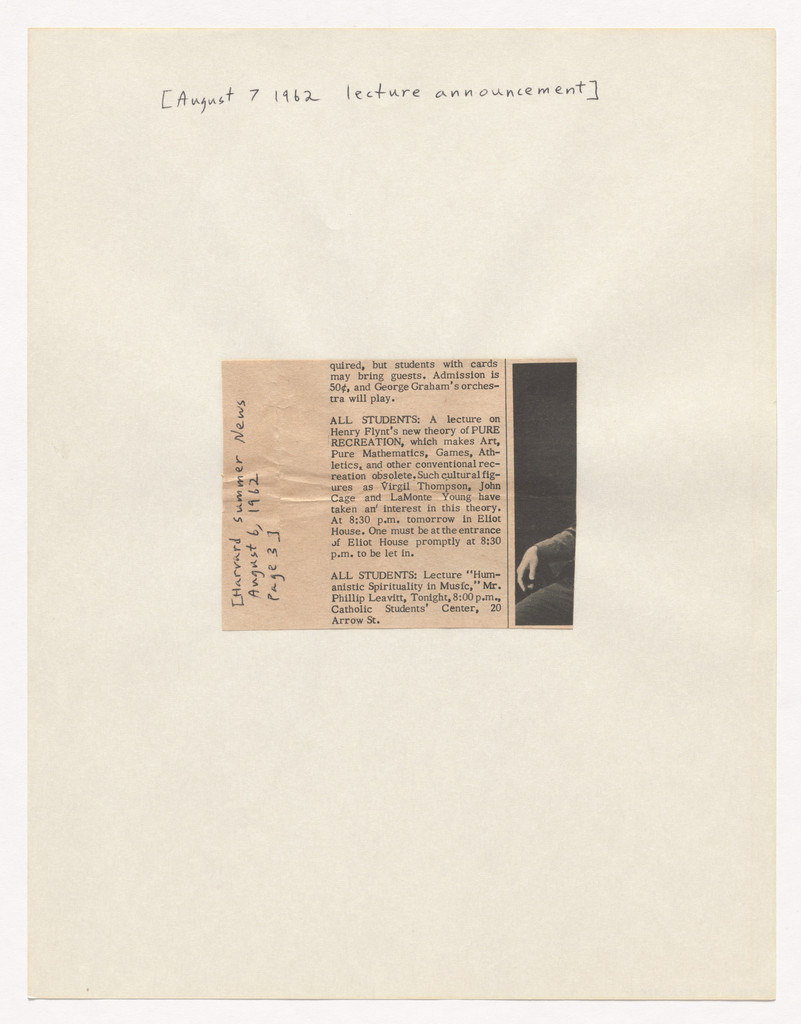 Pure Recreation. Clipping from Harvard Summer News, August 6, 1962, Henry Flynt, 1962